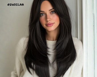 24 Inch Long Black Layered Wig with Curtain Bangs Heat Resistant Synthetic Hair