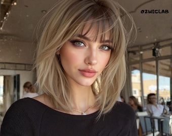12 Inch Short Straight Bob Wig With Bangs Blonde Ombre Synthetic Hair