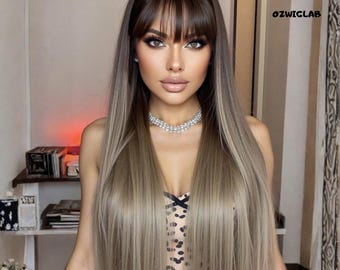 28 Inch Ombre Brown Red Straight Wig With Bangs Heat Resistant Synthetic Hair