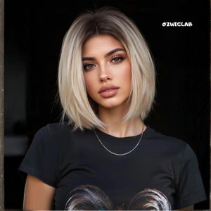 Puede incluir: Peluca rubia con raíces oscuras y corte bob. La peluca tiene un corte romo y está peinada con una ligera onda. La modelo lleva una camiseta negra y un collar plateado. El texto "OZWIGLAB" está en la esquina superior derecha.