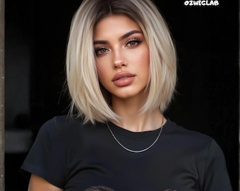 14 Inch Short Straight Wig Middle Part Light Blonde Dark Roots Synthetic Hair