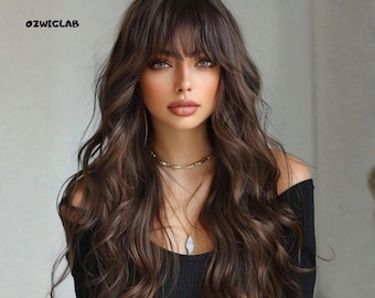 Long Curly Wavy Wig With Bangs Heat Resistant Synthetic Hair