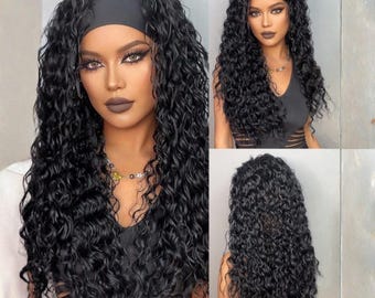 26 Inch Long Curly Headband Wig Black Wavy Synthetic Hair