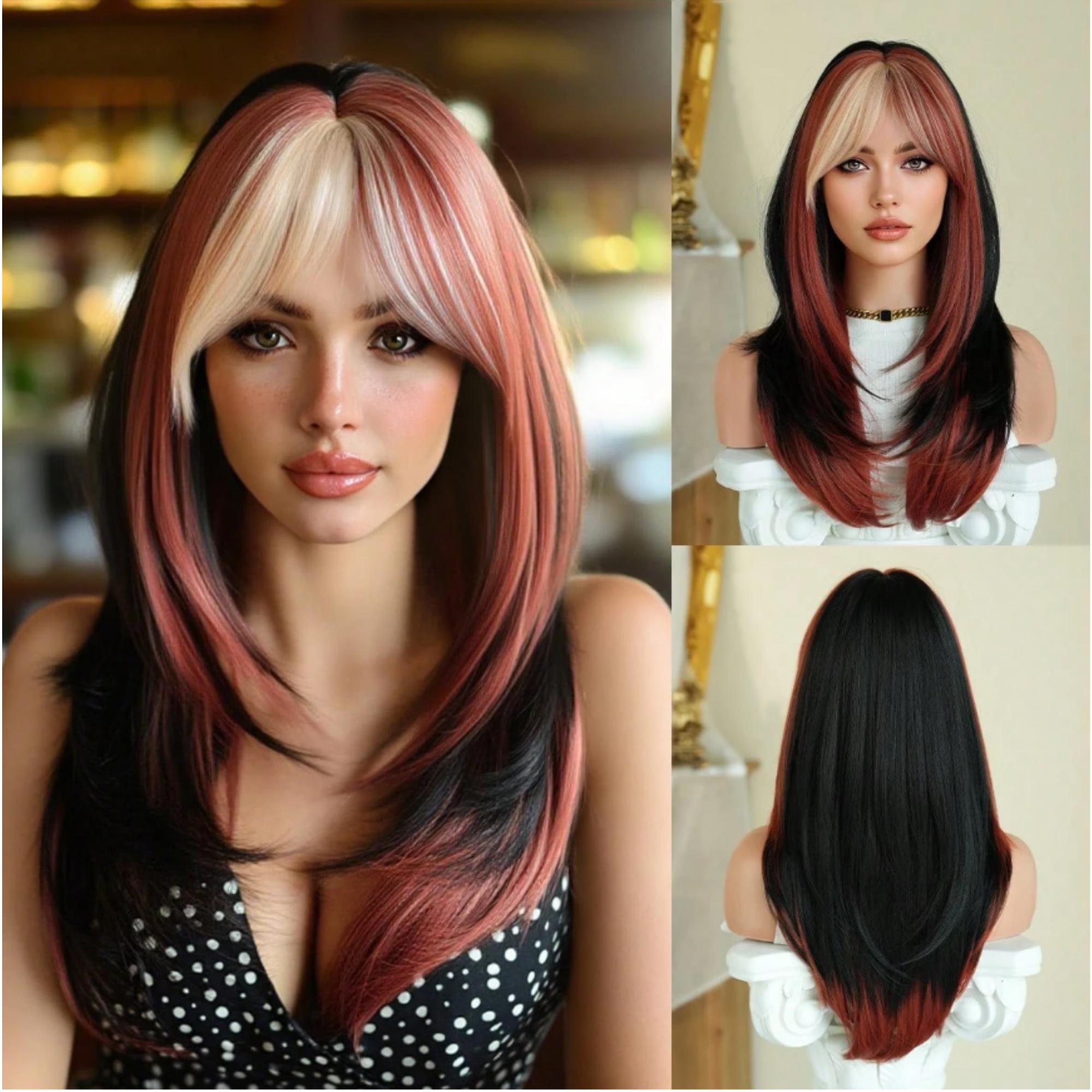 24 Inch Long Black Layered Wig With Curtain Bangs Heat 