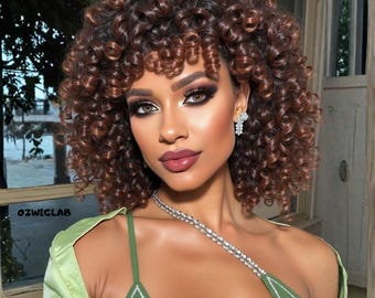 12 Inch Short Curly Wig Gradient Brown Fluffy Synthetic Hair