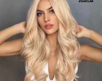 24 Inch Curly Blonde Wig Middle Part Synthetic Hair Natural Bend