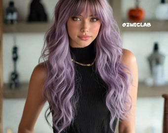 24 Inch Ombre Purple Long Wavy Wig with Bangs Synthetic Heat Resistant Fiber for Women Party Cosplay