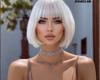 12 Inch White Short Straight Bob Wig With Bangs Synthetic Hair