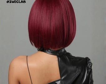 12 Inch Short Straight Bob Wig With Bangs Wine Red Black Synthetic Hair