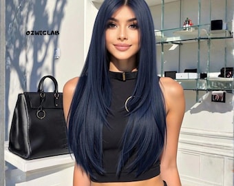 26 Inch Dark Blue Straight Wig Middle Part Heat Resistant Synthetic Hair