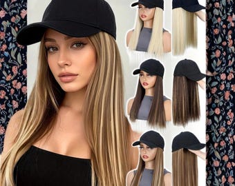 14 Inch Hat Wig Baseball Cap Wig Long Straight Synthetic Hair Extensions Adjustable Fit for Women Daily Wear