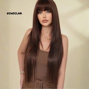 May include: A long, straight, dark brown wig with a blunt fringe. The wig is styled with a center part and falls to the mid-chest. The text "OZWIGLAB" is visible in the upper left corner. The wig is a hair accessory.