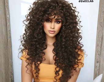 24 Inch Dark Brown Curly Wig With Bangs Heat Resistant Synthetic Hair