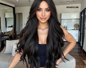28 Inch Long Black Curly Wig for Women Middle Part Synthetic Hair