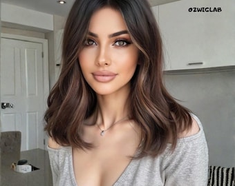 16 Inch Body Wave Highlight Brown Wig Middle Part Synthetic Hair