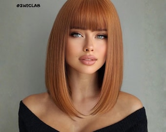 16 Inch Straight Wig With Bangs Brown Orange Synthetic Hair