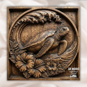 May include: A wooden relief carving of a sea turtle swimming through a wave, surrounded by hibiscus flowers. The artwork is framed in a square, with the text "3D MODEL with Hand Carved LOOK" in the bottom right corner.