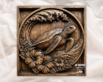 Sea Turtle Wave 3D-reliëf STL | Ocean Hibiscus Floral CNC-routerbestand | Handgesneden scanhoutnerfpaneel | Kustdecor