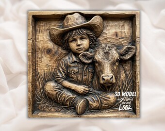 Digital STL Cowboy Boy & Calf 3D Relief | Hand-Carved Scan Wood Grain CNC Router 3D Print Laser Engrave | Western Panel