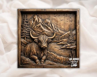 Paisaje rústico de montaña con relieve 3D de vaca de las Tierras Altas, archivo STL tallado a mano, escaneo de madera, archivo de enrutador CNC, impresión 3D, grabado láser