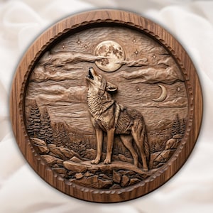 May include: A circular wooden wall plaque depicting a carved wolf howling at the moon. The artwork includes a detailed forest, mountains, clouds, stars, and a crescent moon. The piece has a dark brown finish and a textured, carved border.