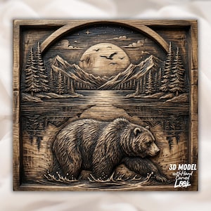 Puede incluir: Un relieve de madera que representa un oso en un paisaje montañoso. La obra de arte muestra un oso en el agua, montañas, árboles y un lago, con un sol y pájaros. El texto "3D MODEL with Hand Carved LOOK" es visible.