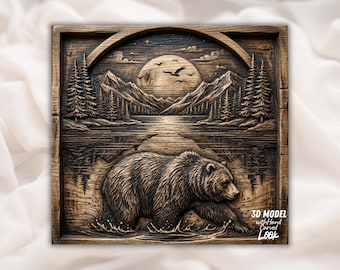 Bear Lake zonsondergang 3D-reliëf STL | Bergbosscène CNC-routerbestand | Handgesneden scanhoutnerfpaneel | Rustiek interieur in hut