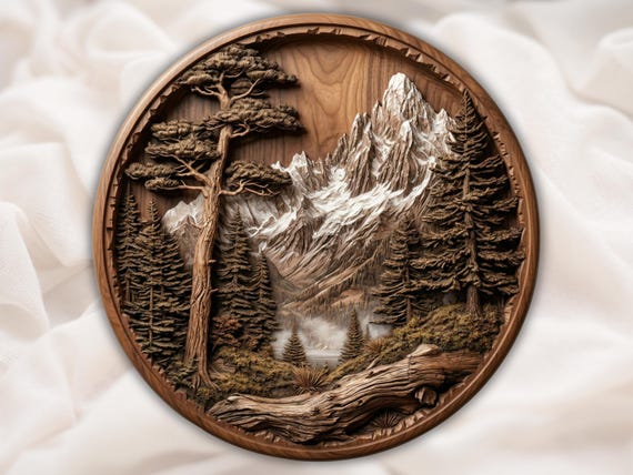 Round Mountain Scene STL | 3D Relief CNC Wood Carving File | Forest Landscape Wall Plaque | Nature 3D Print Model