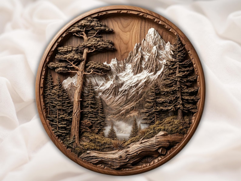 May include: A round, wooden wall art piece featuring a detailed relief carving of a mountain landscape. The artwork depicts snow-capped mountains, evergreen trees, and a large tree in the foreground, all within a circular frame. The wood has a warm, natural tone.