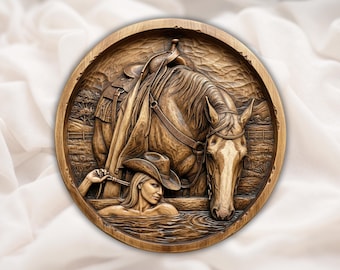 Vaquera y caballo en relieve 3D STL / Archivo de tallado de madera para enrutador CNC estilo occidental / Arte mural en bajorrelieve con escena de baño estilo rancho / Impresión 3D STL digital