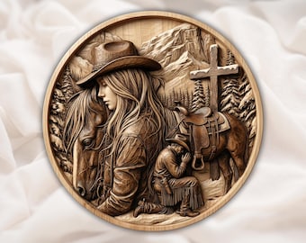 Vaquera occidental con caballo, relieve 3D STL, escena de rancho con cruz cristiana, panel de tallado de madera con enrutador CNC, arte de pared rústico, archivo STL de impresión 3D