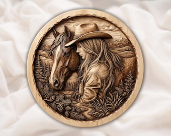 Cowgirl and Horse 3D Relief STL | Western CNC Router Wood Carving File | Round Equestrian Bas-Relief Wall Art | 3D Print STL Digital