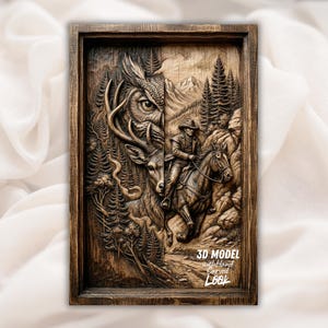 May include: A detailed, wooden relief carving in a rectangular frame. The left side features an owl and deer in a forest setting. The right side depicts a cowboy on horseback in a mountain landscape. Text reads "3D MODEL with hand Carved Look."