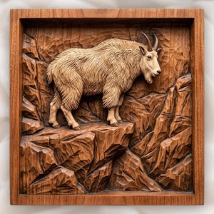 May include: A square wooden wall plaque featuring a detailed relief carving of a mountain goat standing on a rocky ledge. The natural brown wood grain highlights the textured fur of the animal and the jagged, uneven surfaces of the cliffside.