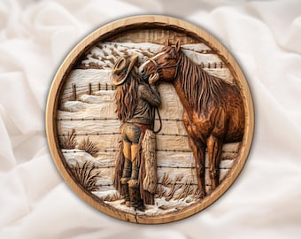 May include: A circular wooden relief carving shows a cowgirl and horse in a snowy scene. The detailed carving features a cowgirl in a hat and chaps, and a brown horse. A barbed wire fence and wintery scene complete the rustic artwork.