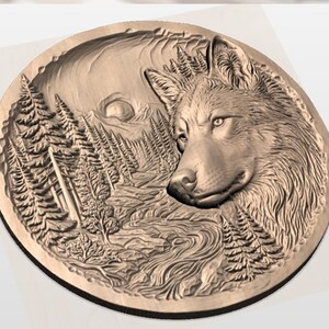 May include: A detailed, circular relief carving depicting a wolf's head and a forest scene. The wolf is on the right, with a river and trees in the background. The carving is in shades of brown and tan, with a textured surface.