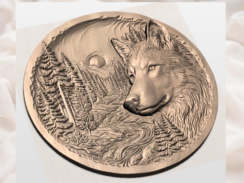 May include: A detailed, circular relief carving depicting a wolf's head and a forest scene. The wolf is on the right, with a river and trees in the background. The carving is in shades of brown and tan, with a textured surface.