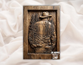 May include: A rectangular, wooden relief carving depicting a man in a cowboy hat, jacket, and a forest scene. The carving is framed and features the text "3D MODEL with Hand Carved Look". The artwork is in shades of brown.