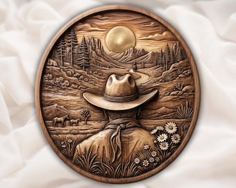 May include: A circular wooden carving showing a cowboy in a desert scene with a sun. The cowboy wears a hat and is surrounded by trees, mountains, and horses. The artwork is detailed and has a rustic aesthetic, with a diameter of approximately 30 cm.