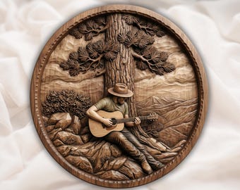 May include: A round, wooden relief carving depicts a person playing a guitar under a tree. The detailed carving features a person wearing a hat and seated, with a mountain landscape in the background. The artwork is framed with a decorative border.
