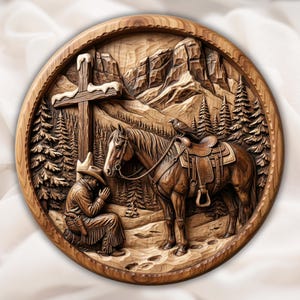 Cowboy Praying with Horse 3D Relief STL for CNC Router | Round Western Wood Carving Panel | Rustic Ranch Wall Art | Home Decor