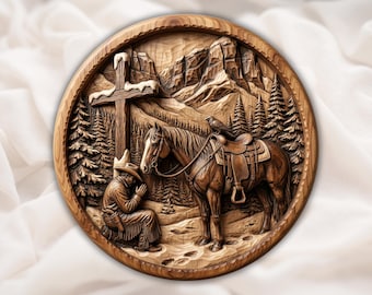 Cowboy Praying with Horse 3D Relief STL for CNC Router | Round Western Wood Carving Panel | Rustic Ranch Wall Art | Home Decor