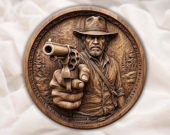 May include: A circular wooden carving shows a man in a cowboy hat aiming a revolver. The relief carving highlights the man's face, clothing, and the gun with intricate detail. The wood has a warm, natural colour, and the carving is set within a decorative border.