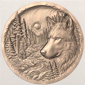 May include: A detailed, circular relief carving depicting a wolf's head and a forest scene. The wolf is in profile, with a detailed fur texture. The forest includes trees, a river, and a distant sun or moon. The carving is in shades of brown.