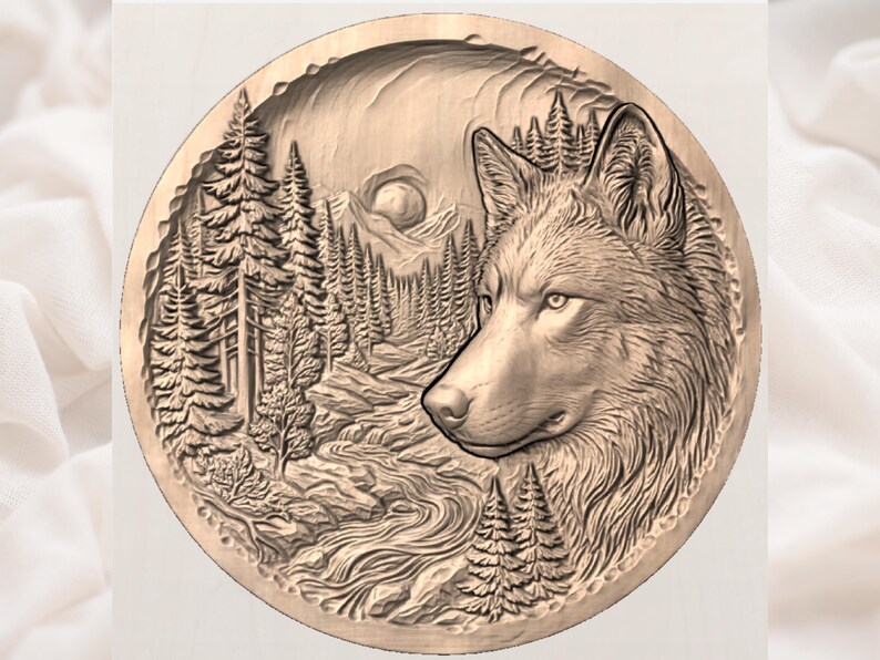May include: A detailed, circular relief carving depicting a wolf's head and a forest scene. The wolf is in profile, with a detailed fur texture. The forest includes trees, a river, and a distant sun or moon. The carving is in shades of brown.