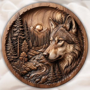 May include: A round, wooden wall art piece featuring a detailed relief carving of a wolf's head and a forest scene. The wolf is brown and tan, with detailed fur. The forest includes trees, a river, and a mountain with a sun.