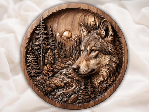 Round Wolf STL | 3D Relief CNC Wood Carving File | Mountain Forest Wolf Wall Plaque | Wildlife 3D Print Model