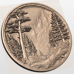 May include: A bronze-colored, circular relief carving depicting a mountain landscape with trees and a winding path. The detailed artwork features a large tree in the foreground and a mountain range in the background, with a textured surface.