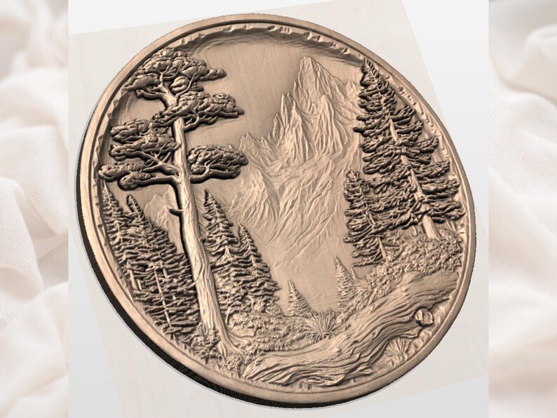 May include: A bronze-colored, circular relief carving depicting a mountain landscape with trees and a winding path. The detailed artwork features a large tree in the foreground and a mountain range in the background, with a textured surface.
