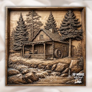 May include: A detailed wooden carving of a rustic cabin nestled among pine trees, with a water wheel and a flowing stream. The artwork is framed and features the text "3D MODEL with Hand Carved Look".